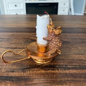 Vintage Dept 56 gilded gold Pinecone Mouse “lighting” a candlestick ornament